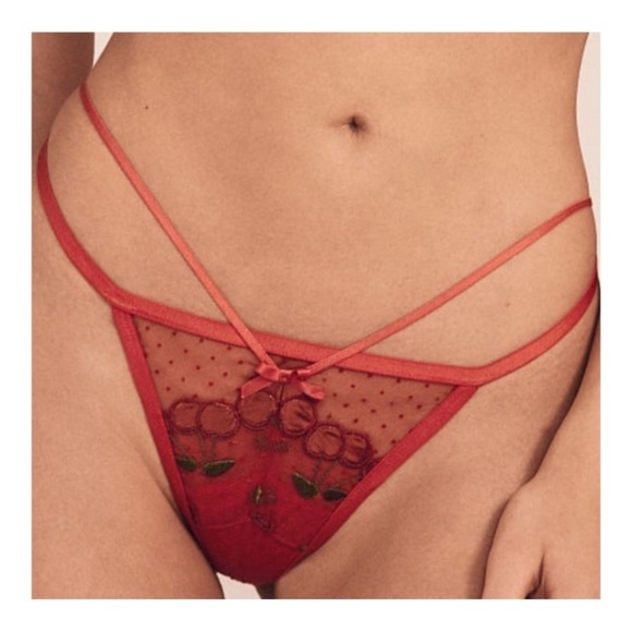 New! For love and lemons Cerise cherry red embroidered mesh thong 3800 - Picture 1 of 12